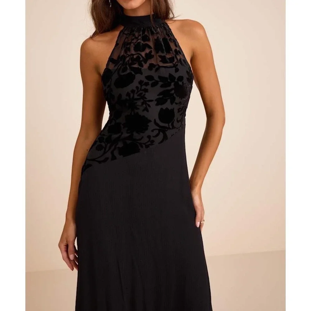 NWT Lulus Lovella Black Velvet Burnout Chiffon Maxi Dress XL